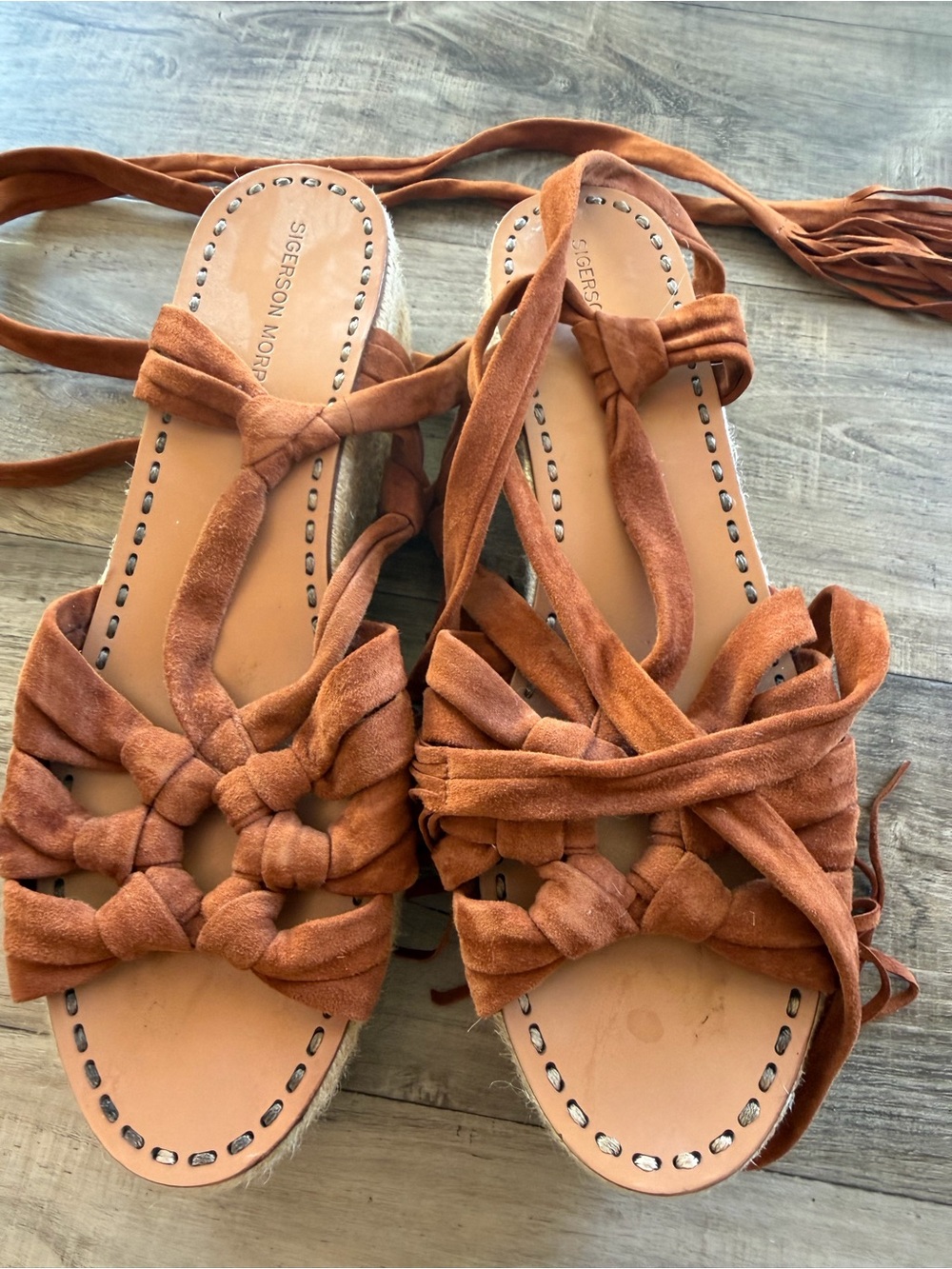 Sigerson Morrison Cognac Suede Ankle Tie Espadrille Platform Sandals 10